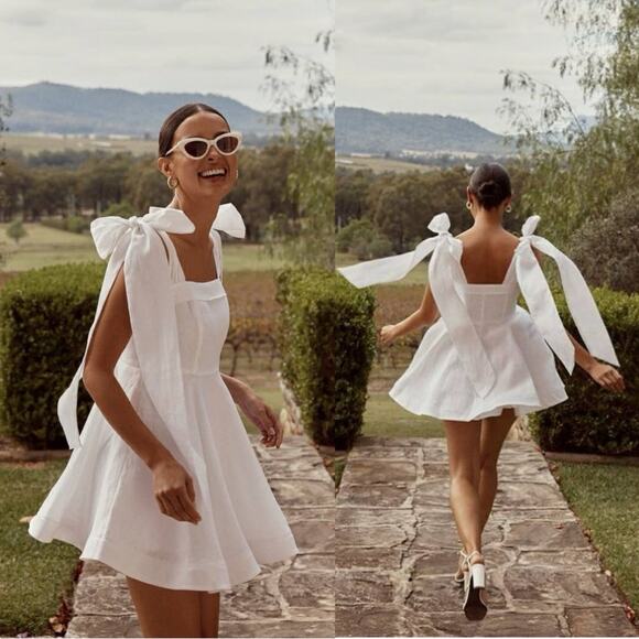 knee length dresses for ladies Athens Flared Bow Mini Dress White